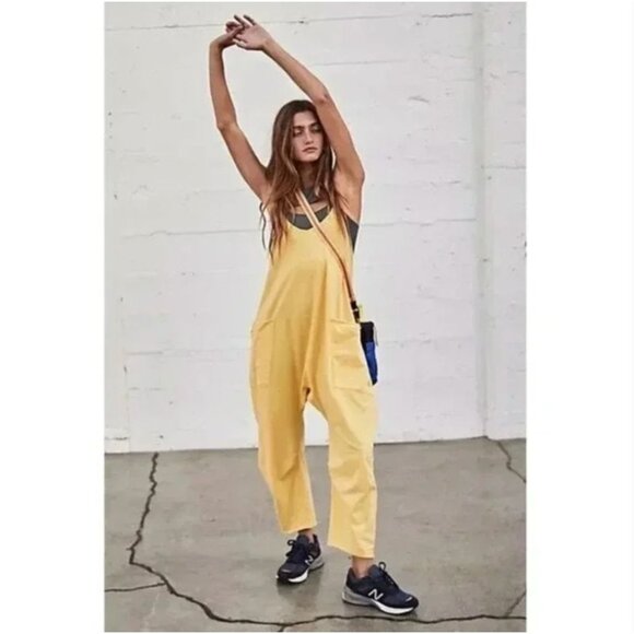 Free People Hot Shot Onesie Jumpsuit XS Yellow Boho Loungewear Soft Stretch - Picture 1 of 11